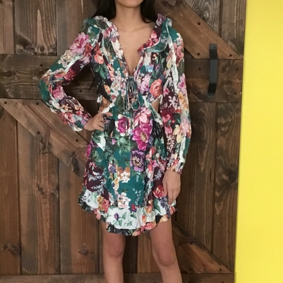 Zimmermann Allia Floral Print Cut Out Spliced Linen Mini Dress - Picture 2 of 12